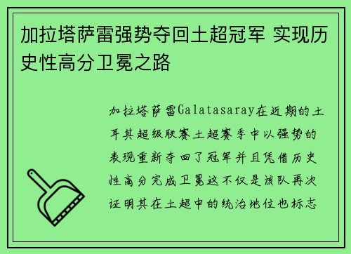 加拉塔萨雷强势夺回土超冠军 实现历史性高分卫冕之路